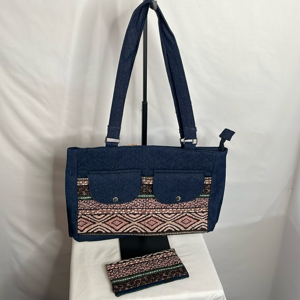 Canyon sky denim quilted jacquard handbag with‎ checkbook cover